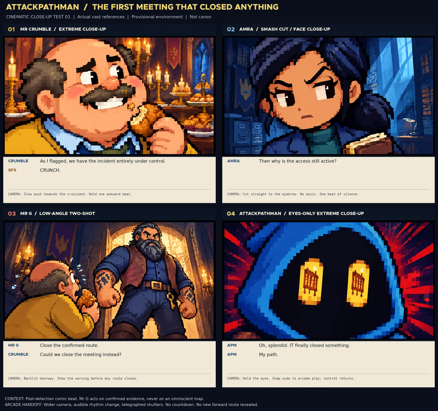 Storyboard, The first meeting that closed anything: a cinematic close-up test, labelled not canon, in four pixel-art panels. 1: Mr Crumble, mid-croissant: “As I flagged, we have the incident entirely under control.” Crunch. 2: Amra: “Then why is the access still active?” 3: Mr G fills a lit doorway: “Close the confirmed route.” Crumble: “Could we close the meeting instead?” 4: AttackPathMan’s glowing eyes: “Oh, splendid. IT finally closed something. My path.”